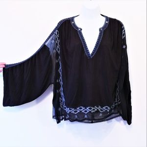 Free People Blue Boho Mesh V-Neck Long Sleeve Top